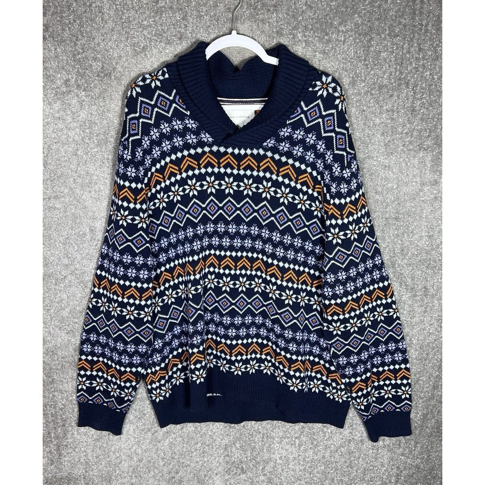 Sun + Stone Fair Isle Shawl Collar Sweater Mens Size XXL Blue Orange Cotton Knit